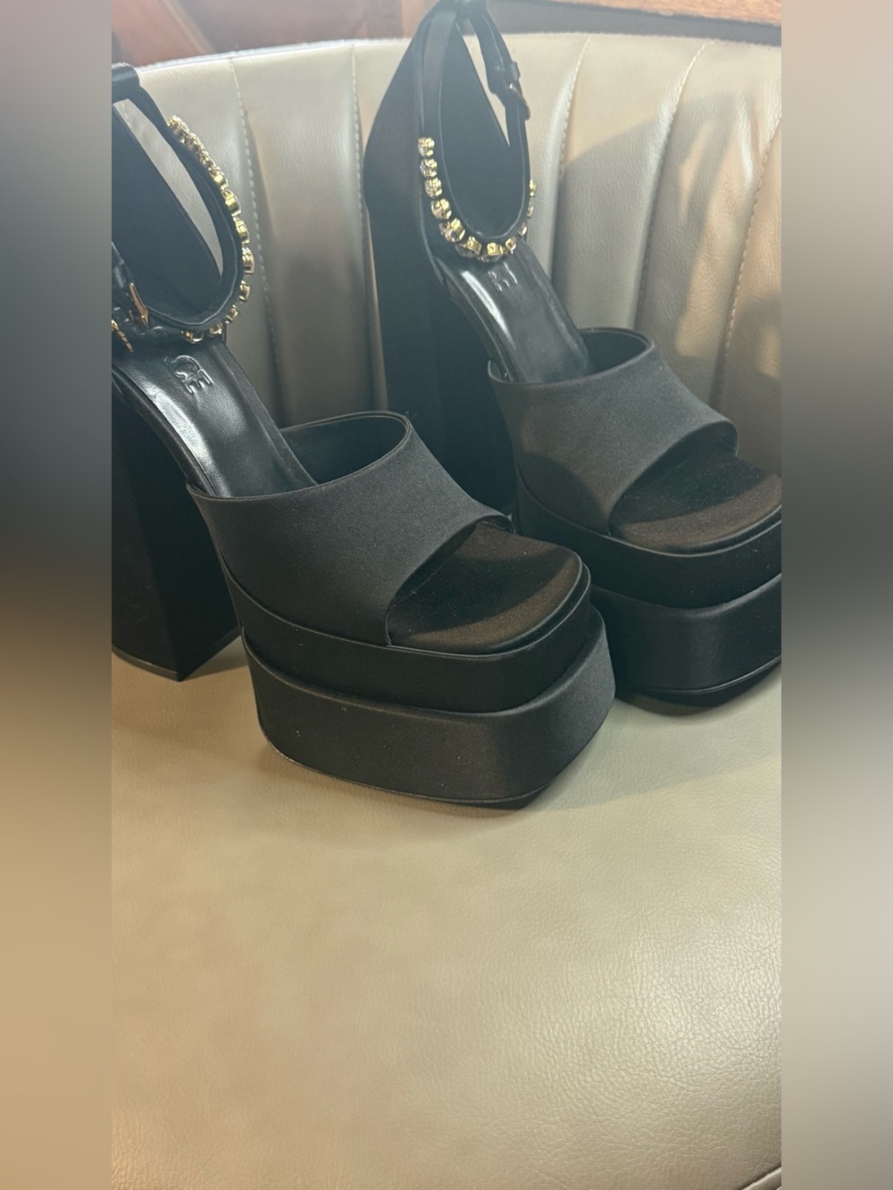 Versace Black Platform Ankle-Strap Sandals with Gold Jewel Accent